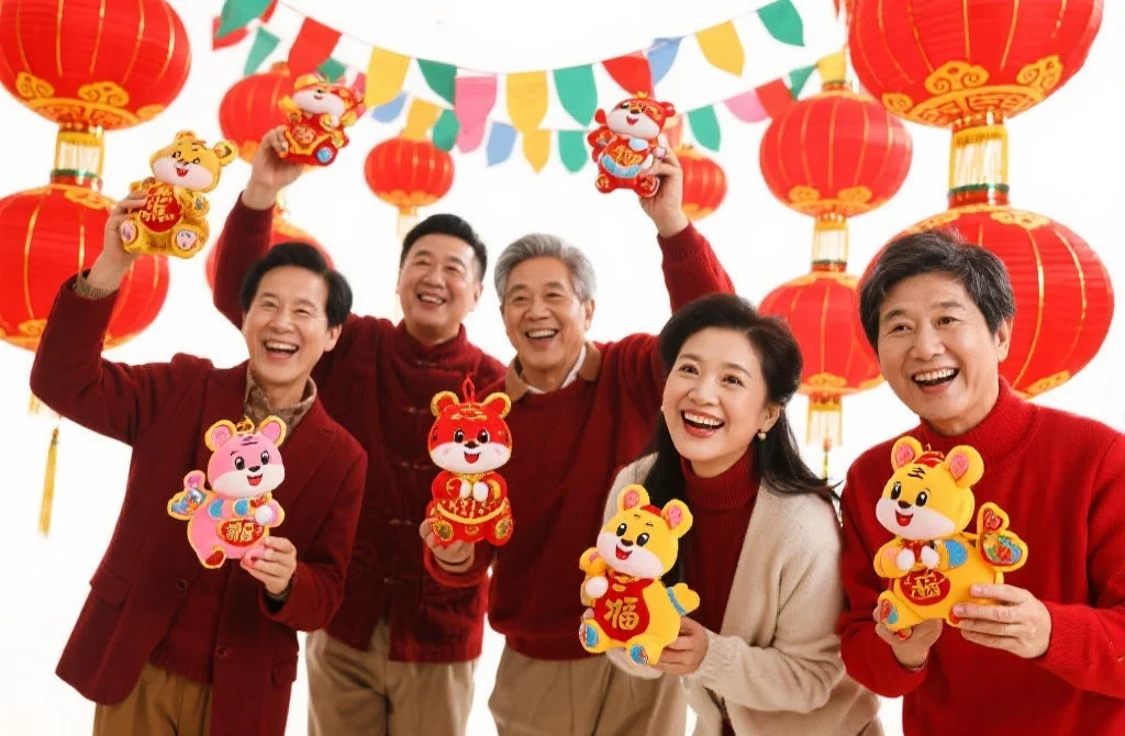 一群人在中国新年期间手持生肖饰品庆祝，背景为红灯笼和彩带，氛围热闹喜庆
