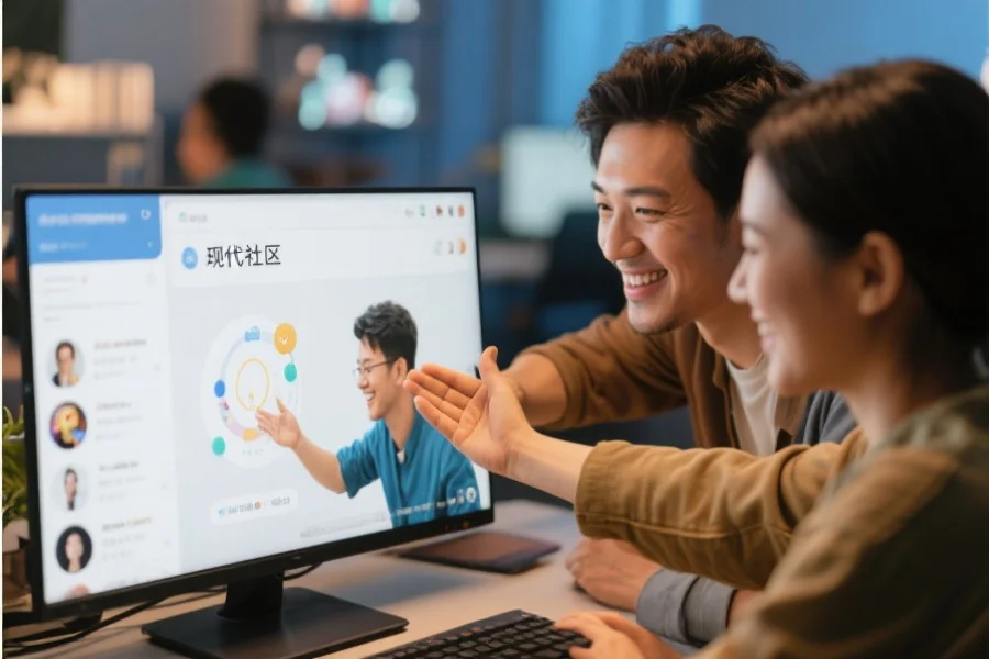 现代网络社区中，用户在屏幕前积极互动、互相帮助的温馨画面